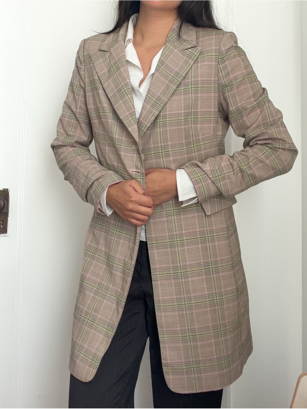Vintage Plaid Pink and Brown Midi Length Tailored Classic Trench Coat